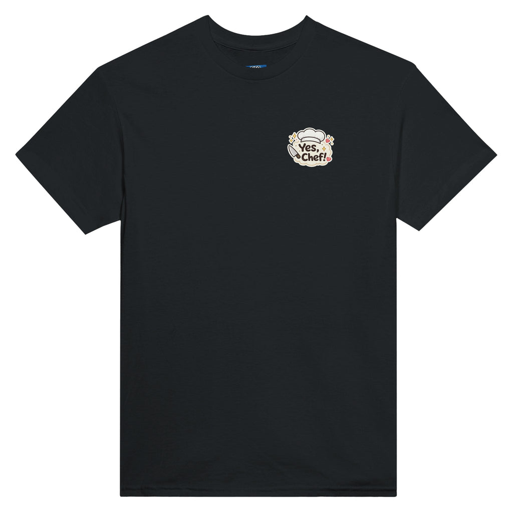 Black t-shirt with a small logo on the chest against a white background