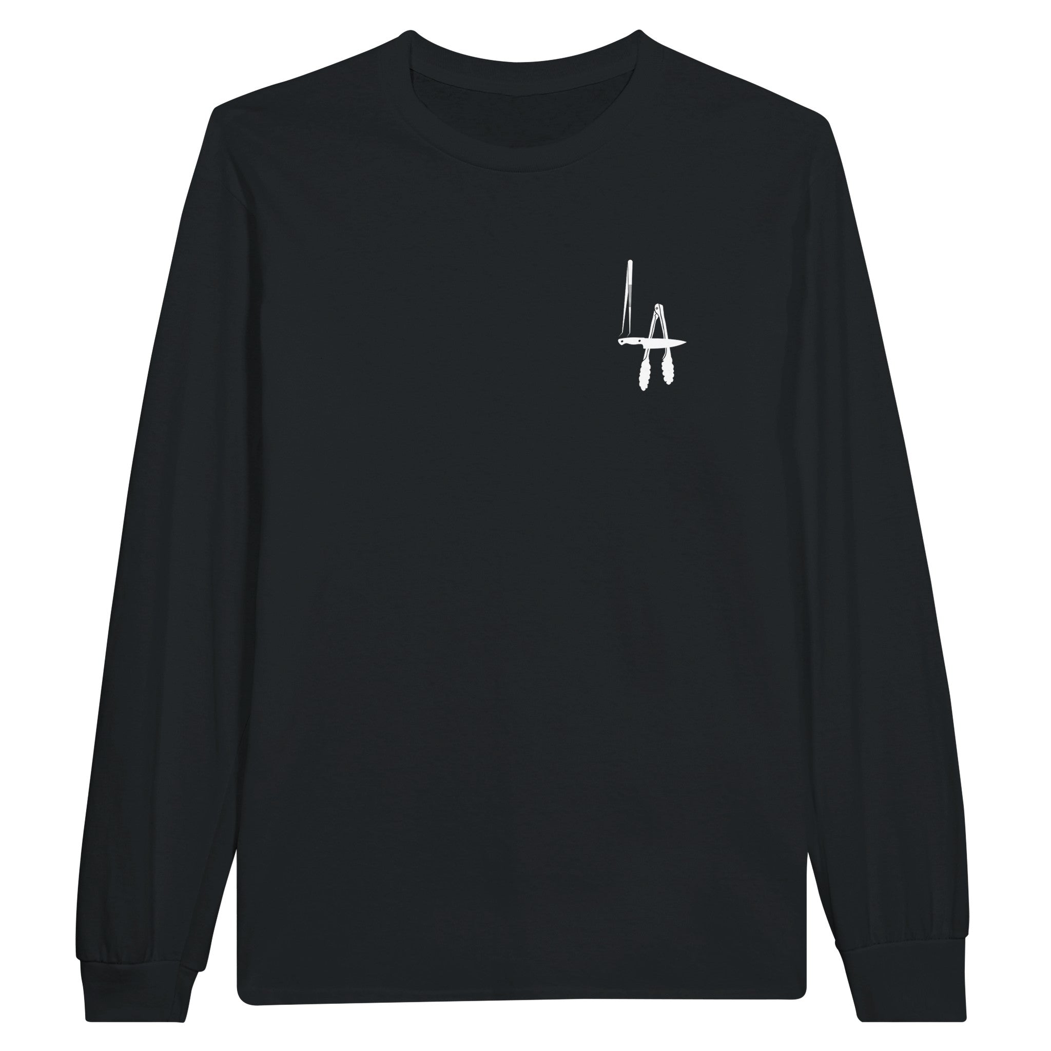 Black long-sleeve shirt with a white LA logo