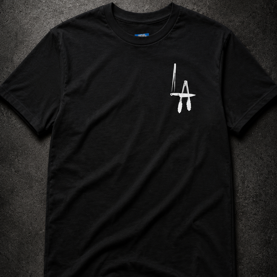 Black t-shirt with a white logo on a fabric DTG
