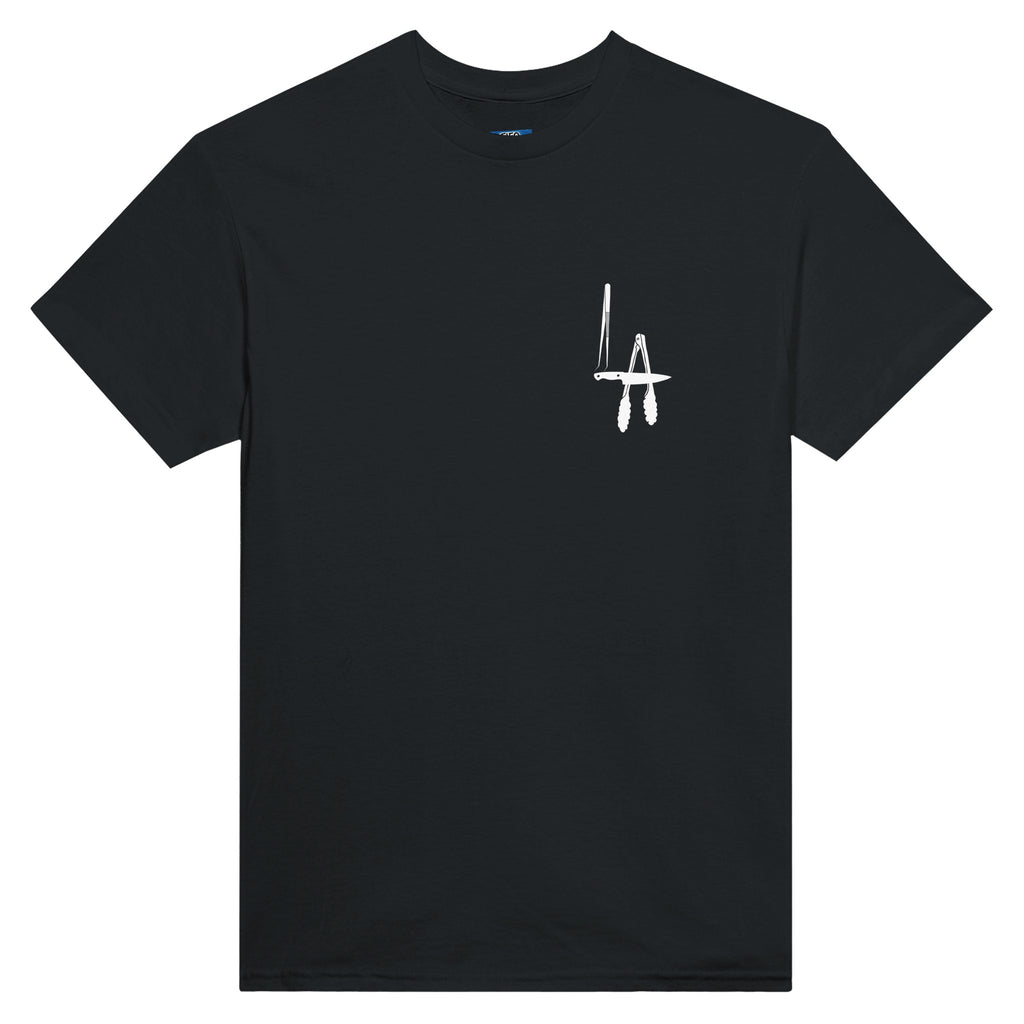 Black t-shirt with a white logo LA