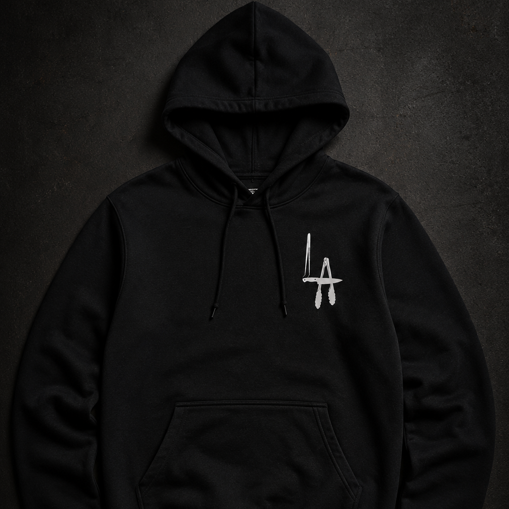 Black hoodie with a white logo on a dark background