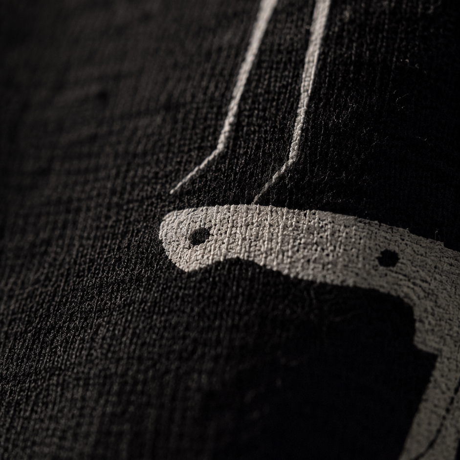 Close-up of a black and white logo design DTG on fabric