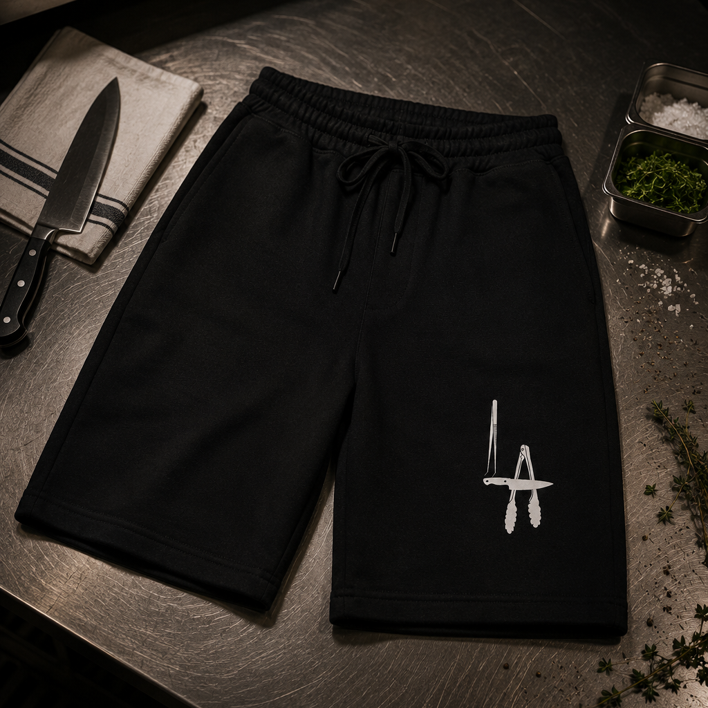 Black shorts with a white logo on a dark surface