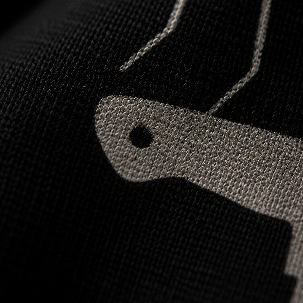 Close-up of a black fabric DTG printing
