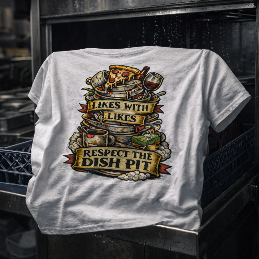 White t-shirt with graphic design and text hanging on a rack in a kitchen setting