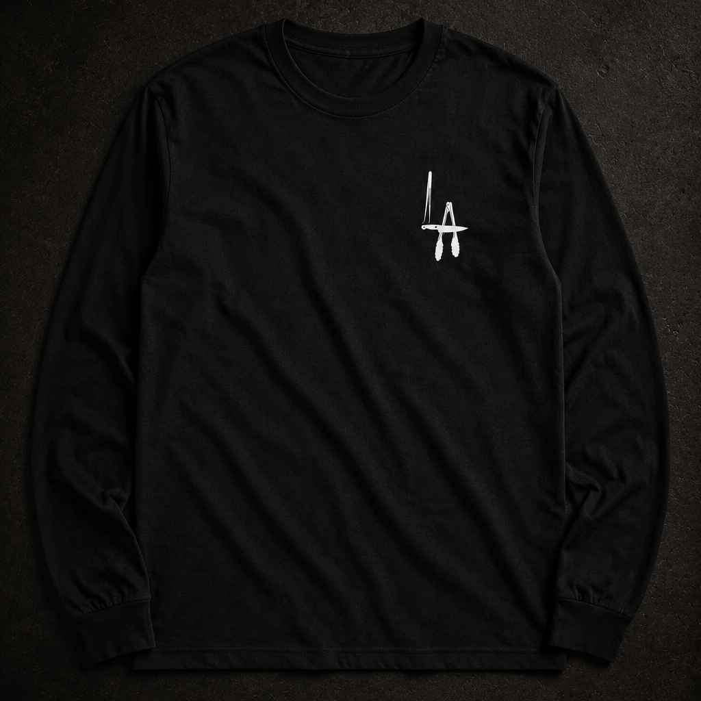Black long-sleeve shirt with a white logo on a dark background