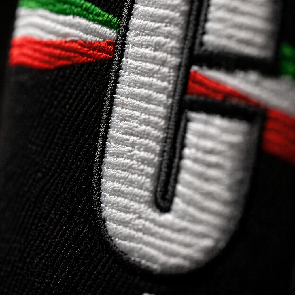 Close-up of a logo patch on a black background