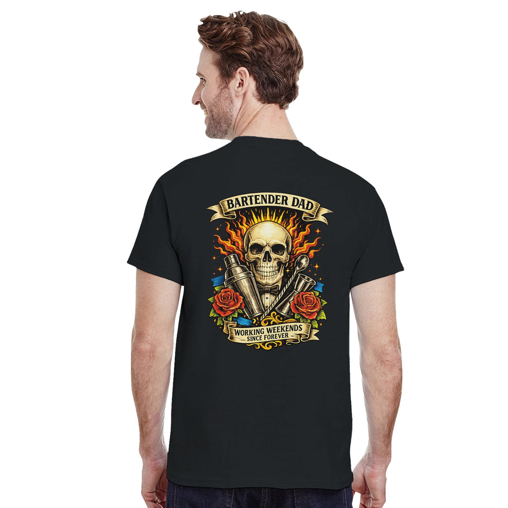 Man wearing a black t-shirt with a skull design and text on the back.