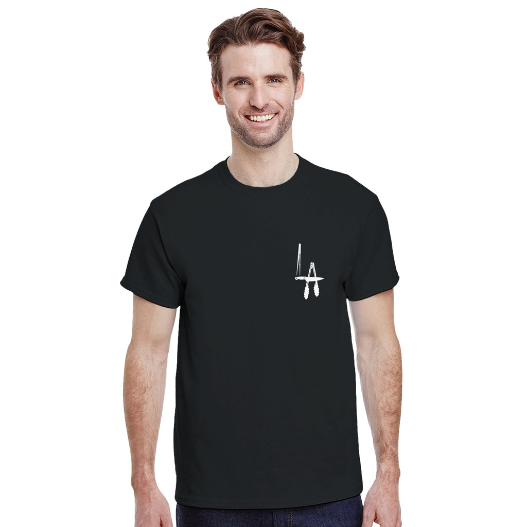 Man wearing a black t-shirt with a white logo 