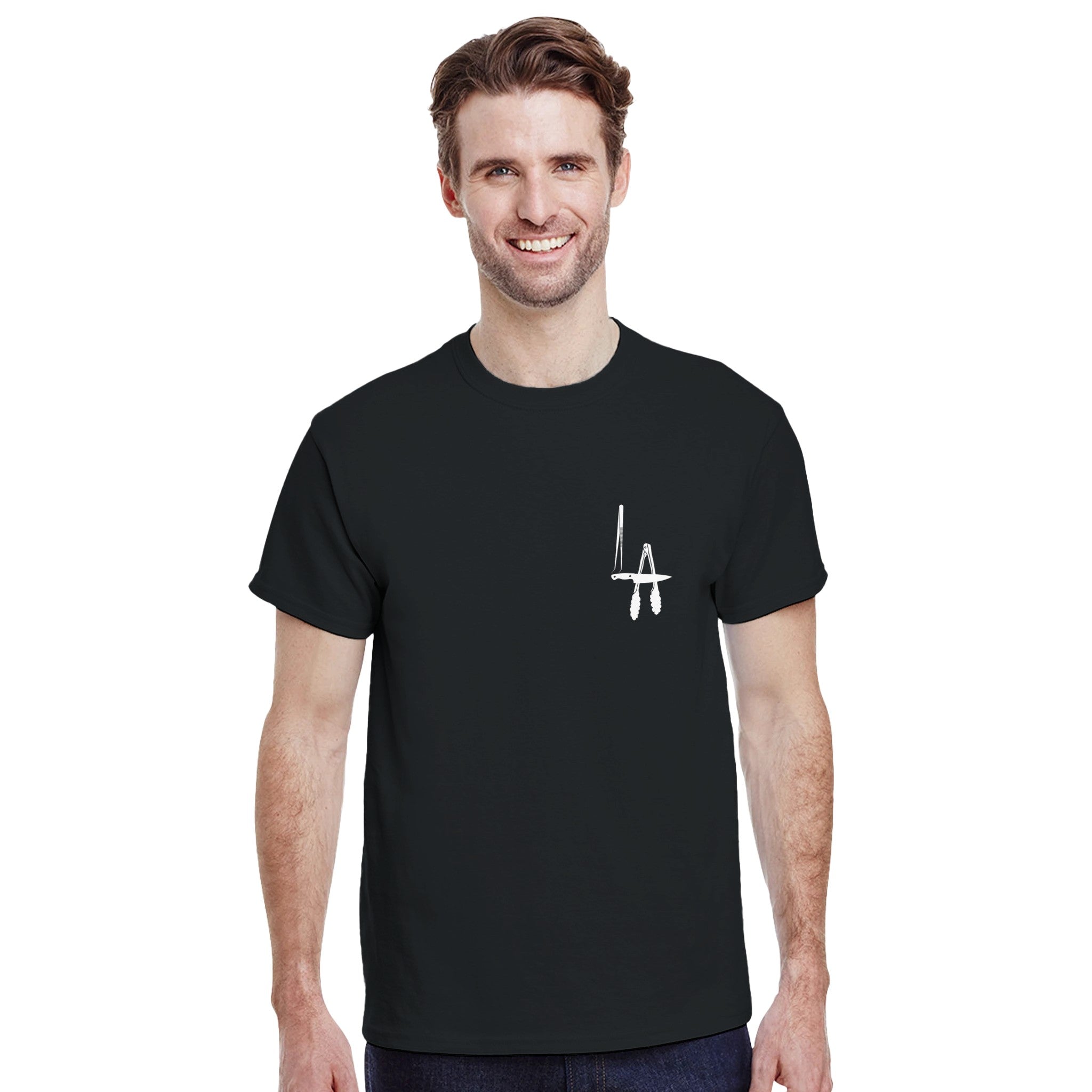 Man wearing a black t-shirt with a white logo 