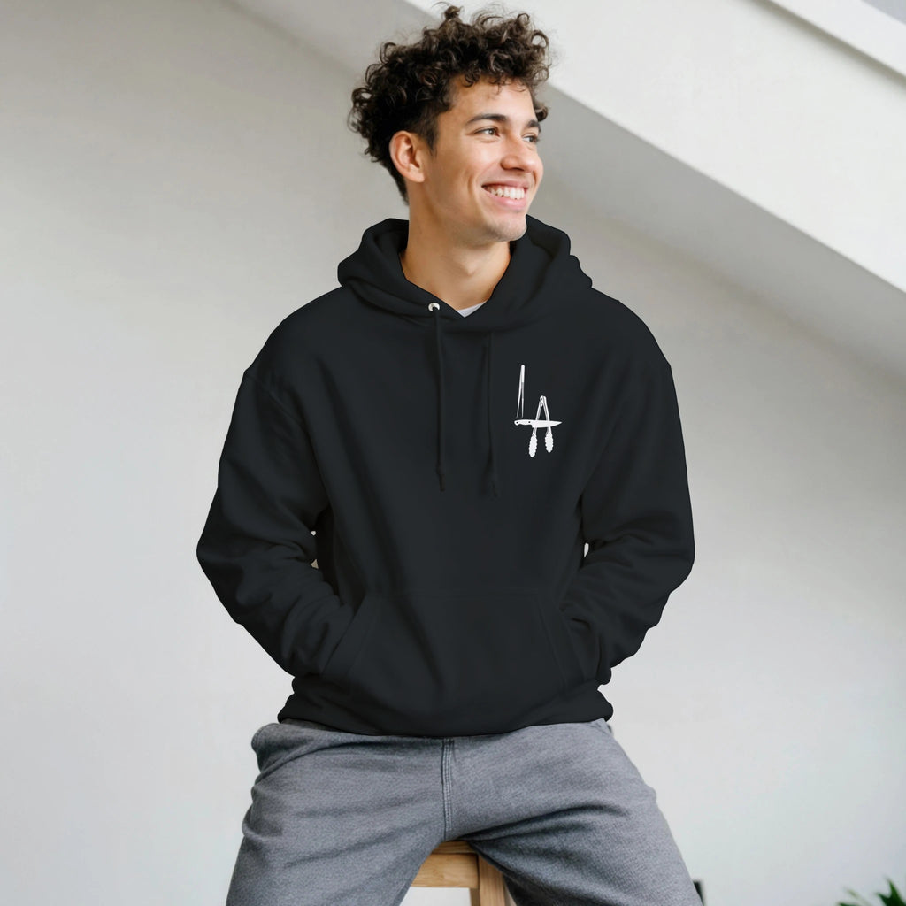 Man wearing a black hoodie with LA logo
