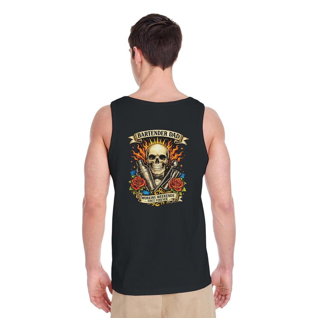 Black tank top with a skull and roses design on a white background