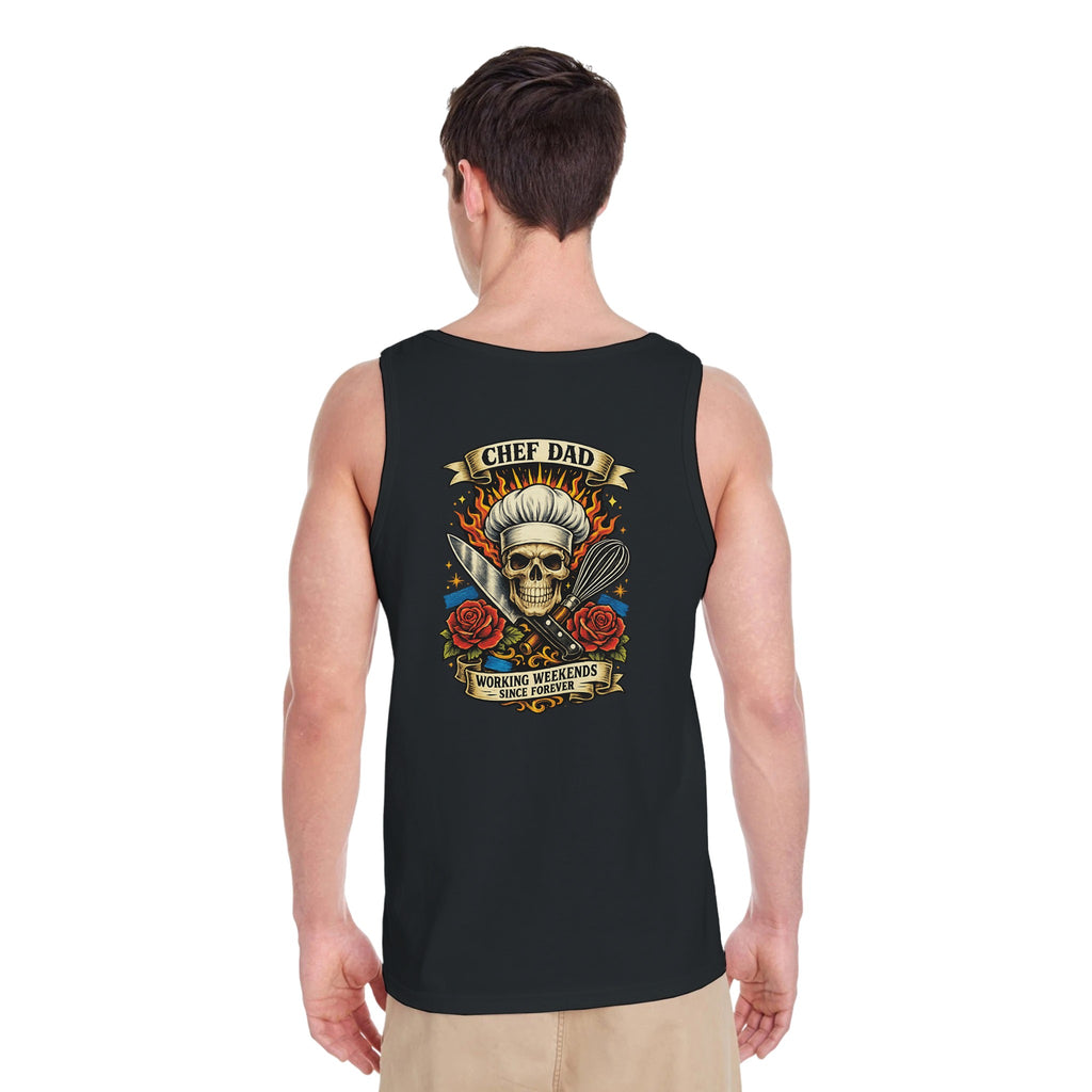 Black tank top with a skull and chef hat design on the back, worn by a person.