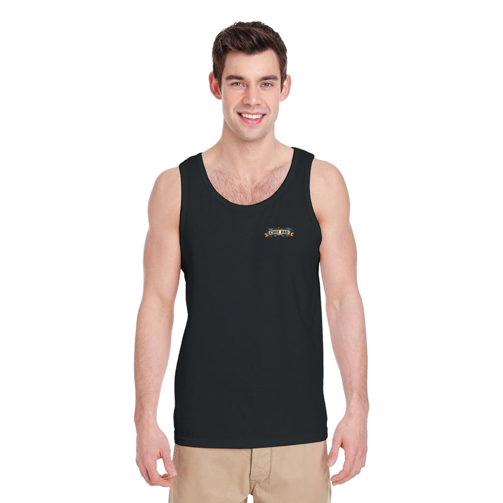 Man wearing a black tank top with a logo on a white background