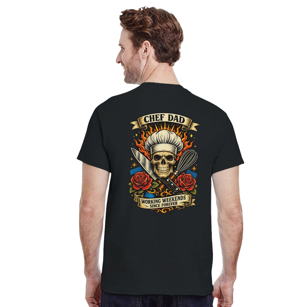 Man wearing a black t-shirt with a 'Chef Dad' graphic design on the back.