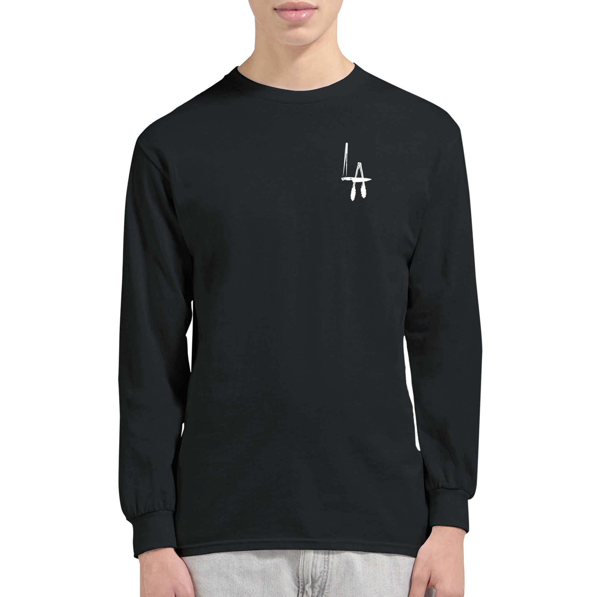 Black long-sleeve shirt with a white logo 