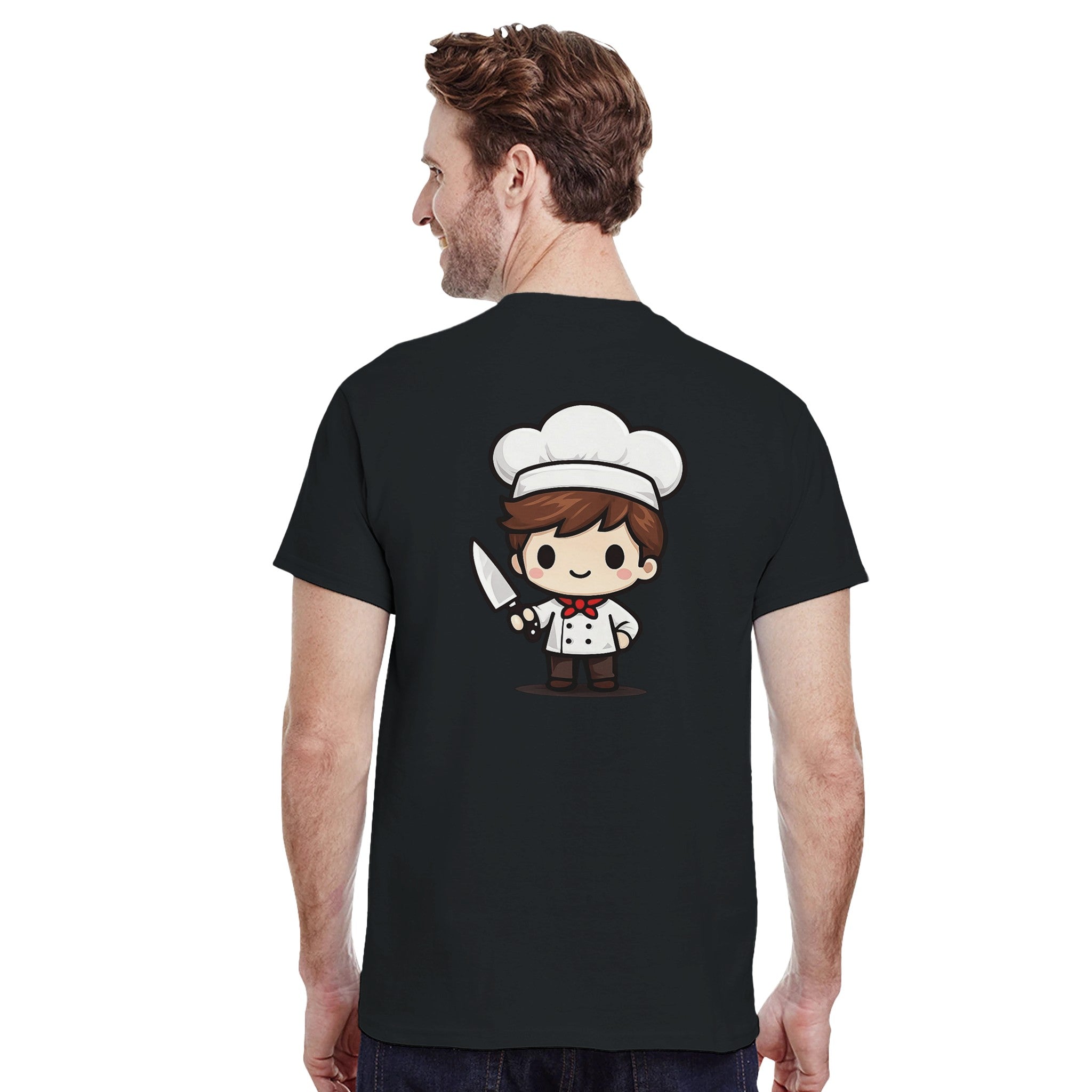 Person wearing a black t-shirt with a cartoon chef design on the back