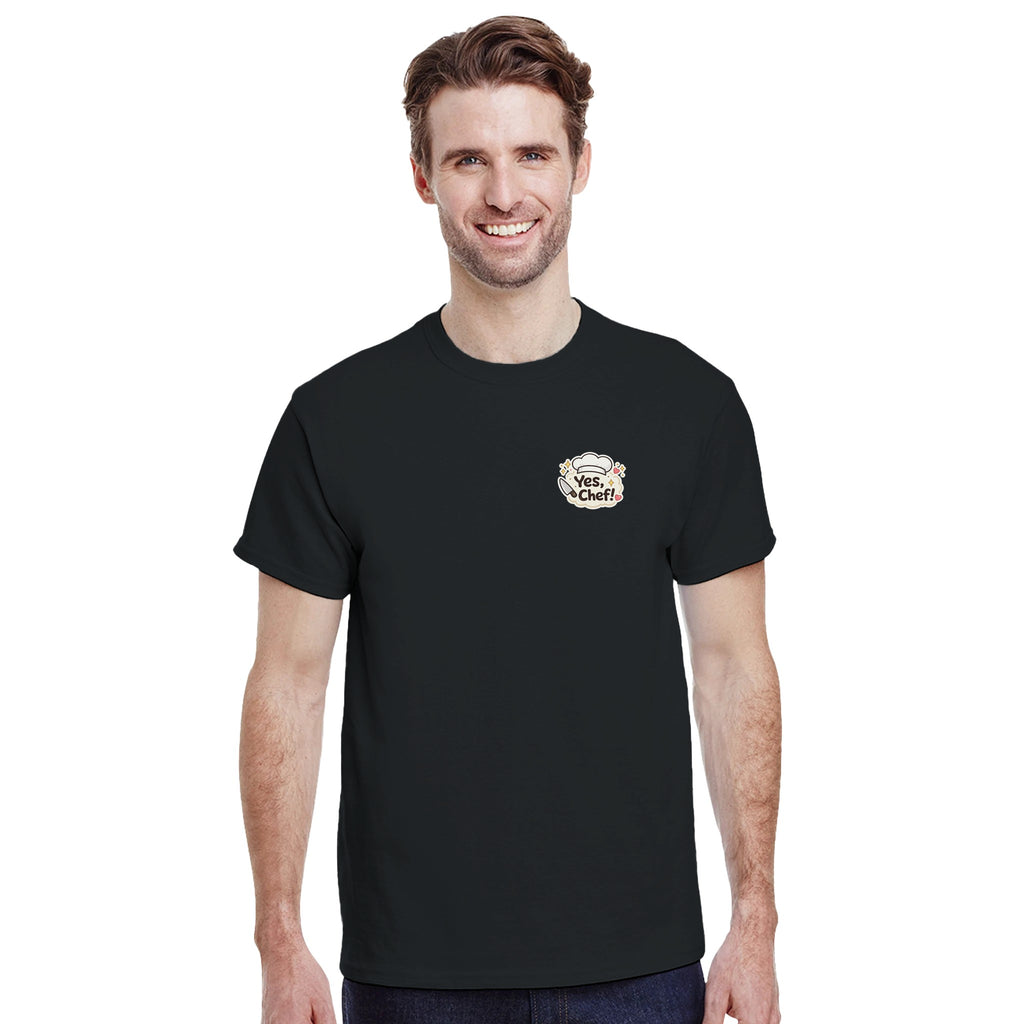Man wearing a black t-shirt with a logo on a white background