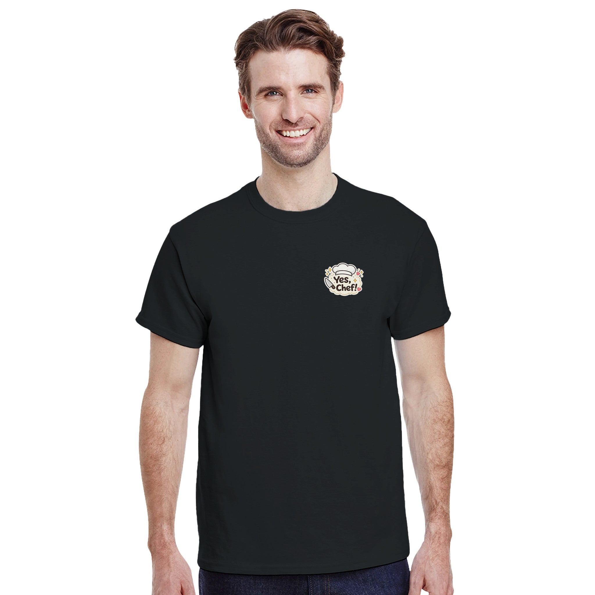 Man wearing a black t-shirt with a logo on a white background