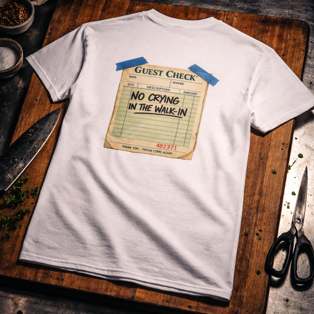 White t-shirt with No Crying in the Walk-In design 