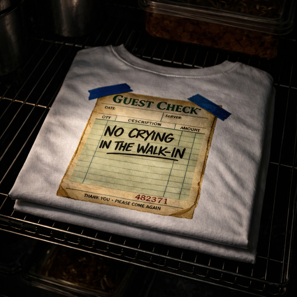 White t-shirt with a printed design of a guest check and text 'No Crying in the Walk-In' on a metal rack.
