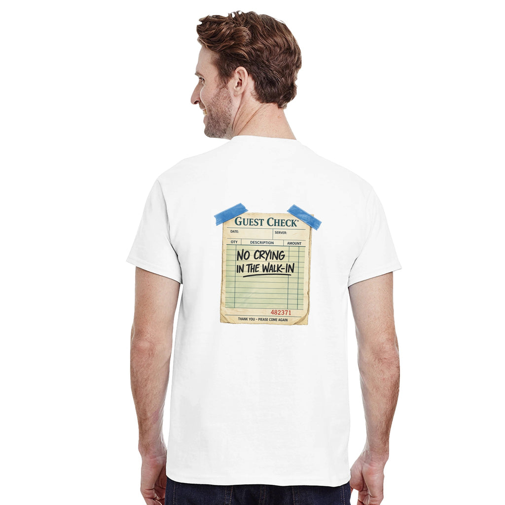 Man wearing a white t-shirt with a graphic design on the back.