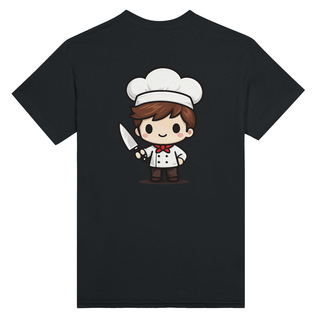 Black t-shirt with a cartoon chef character holding a knife on a white background