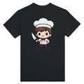 Black t-shirt with a cartoon chef character holding a knife on a white background