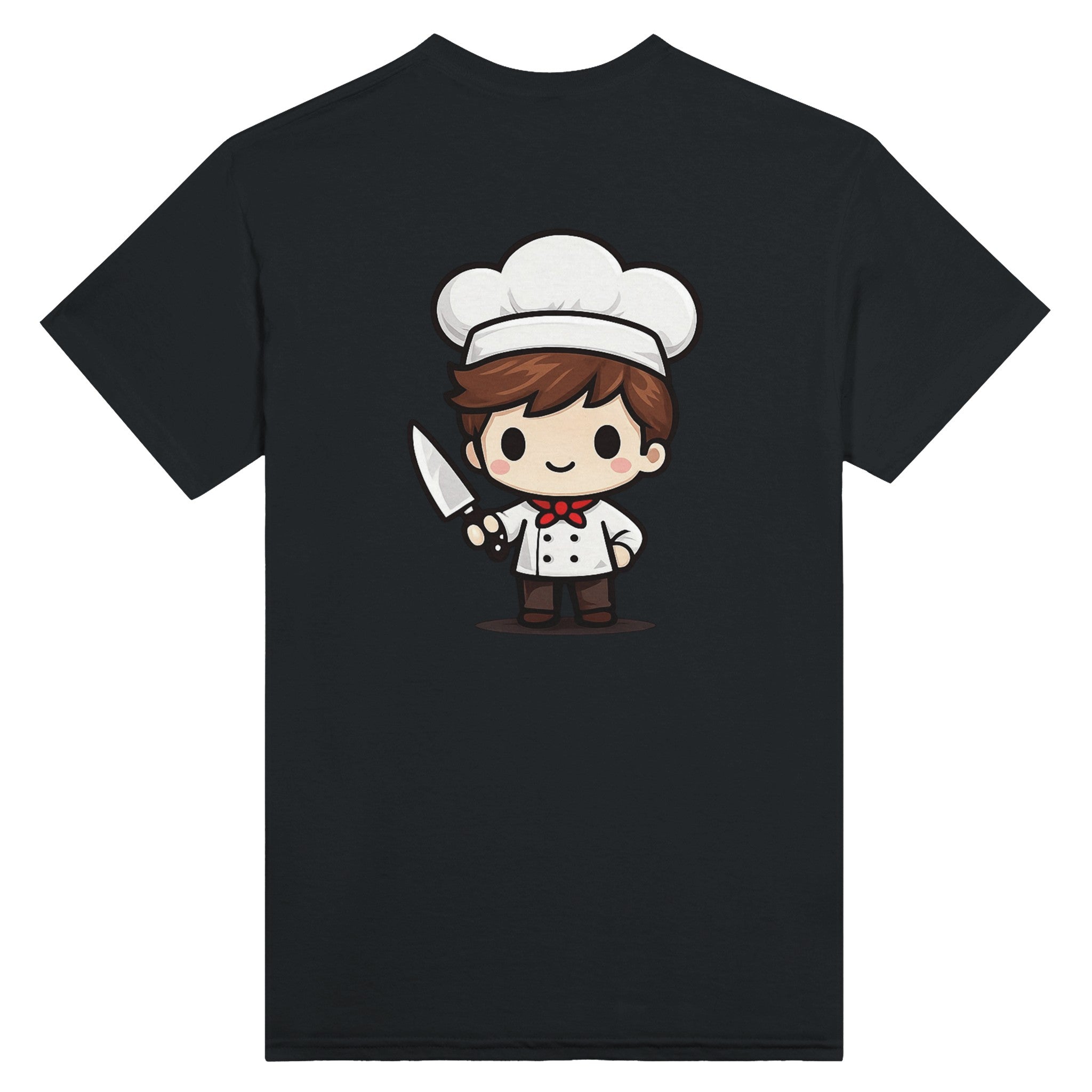 Black t-shirt with a cartoon chef character holding a knife on a white background