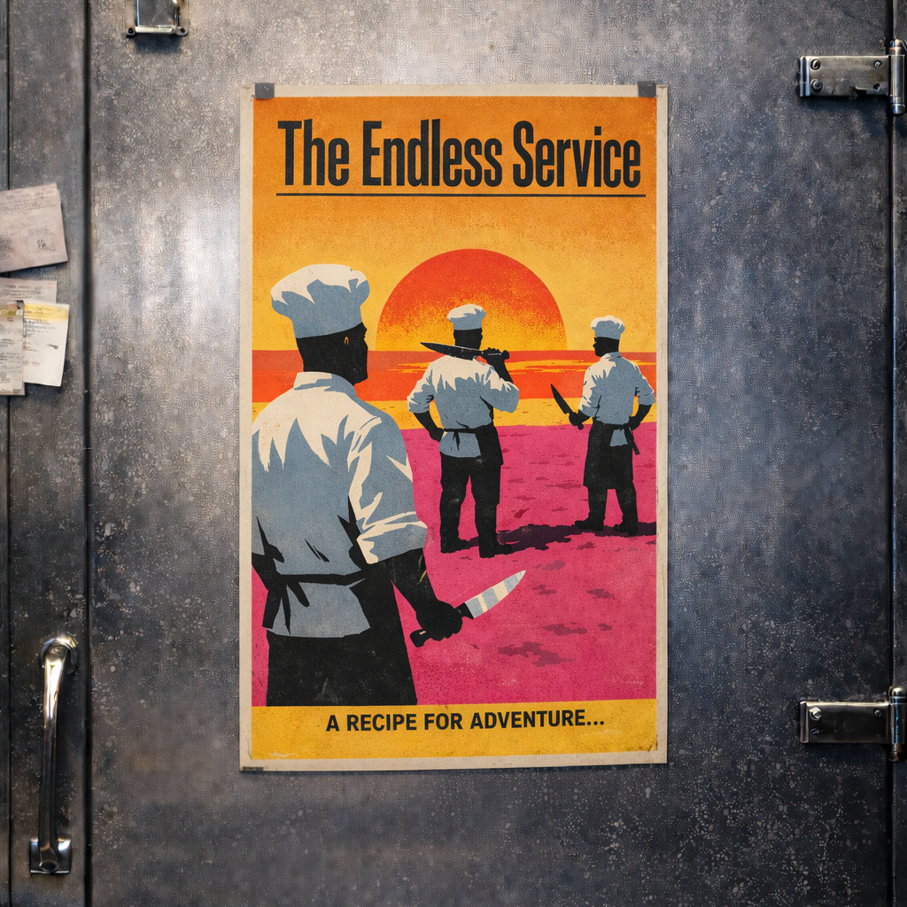 Poster titled 'The Endless Service' on a walk-in door