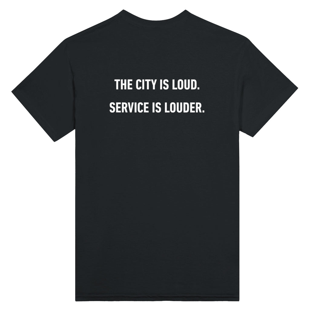 Black t-shirt with white text on a black background
