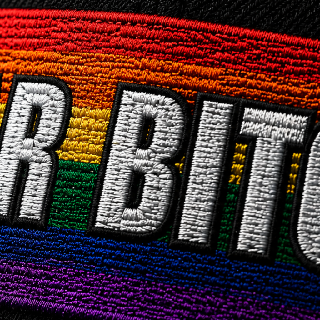 LGBTQ bartender dad hat bar bitch rainbow heart embroidered pride cap closeup