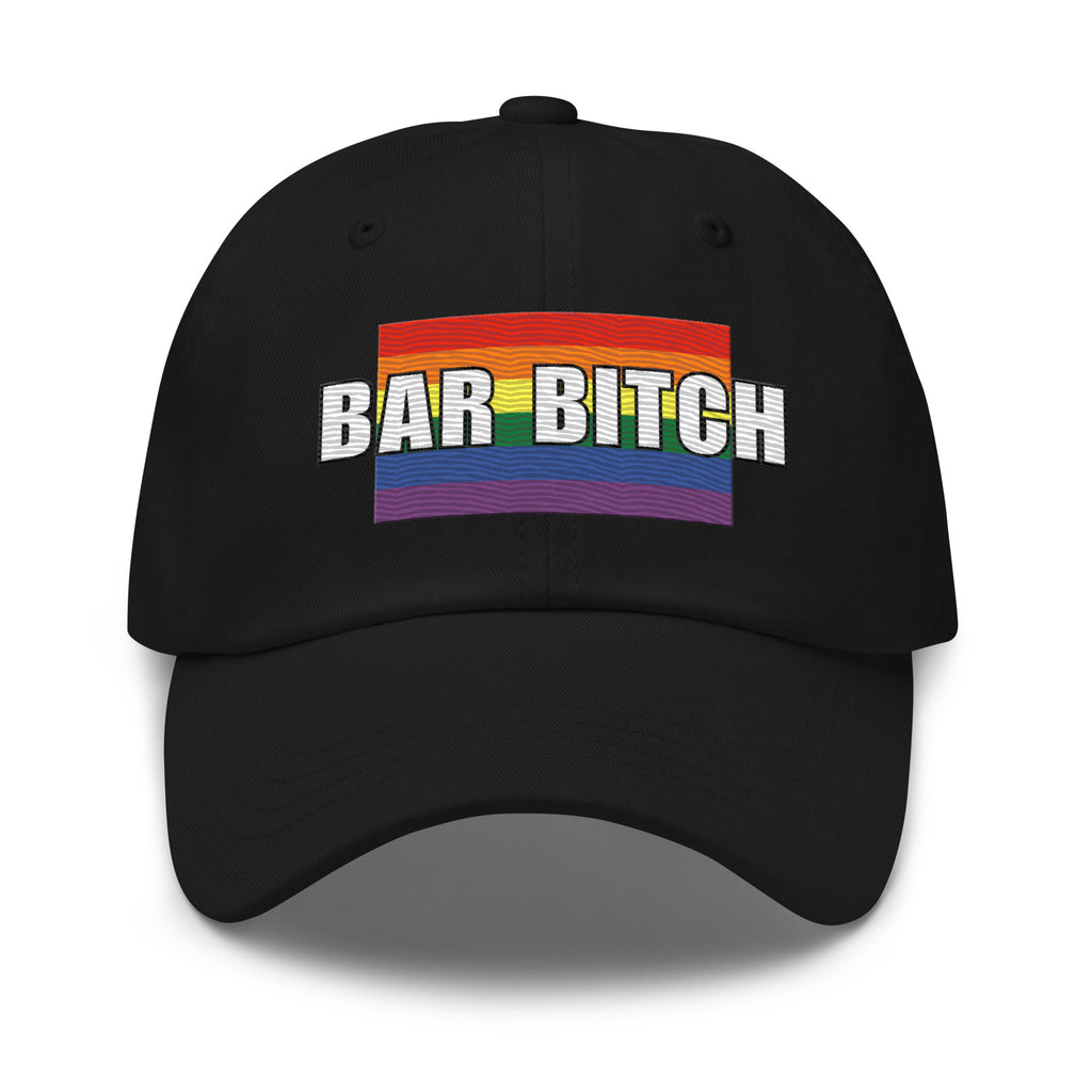 LGBTQ bartender dad hat bar bitch rainbow heart embroidered pride cap mock up
