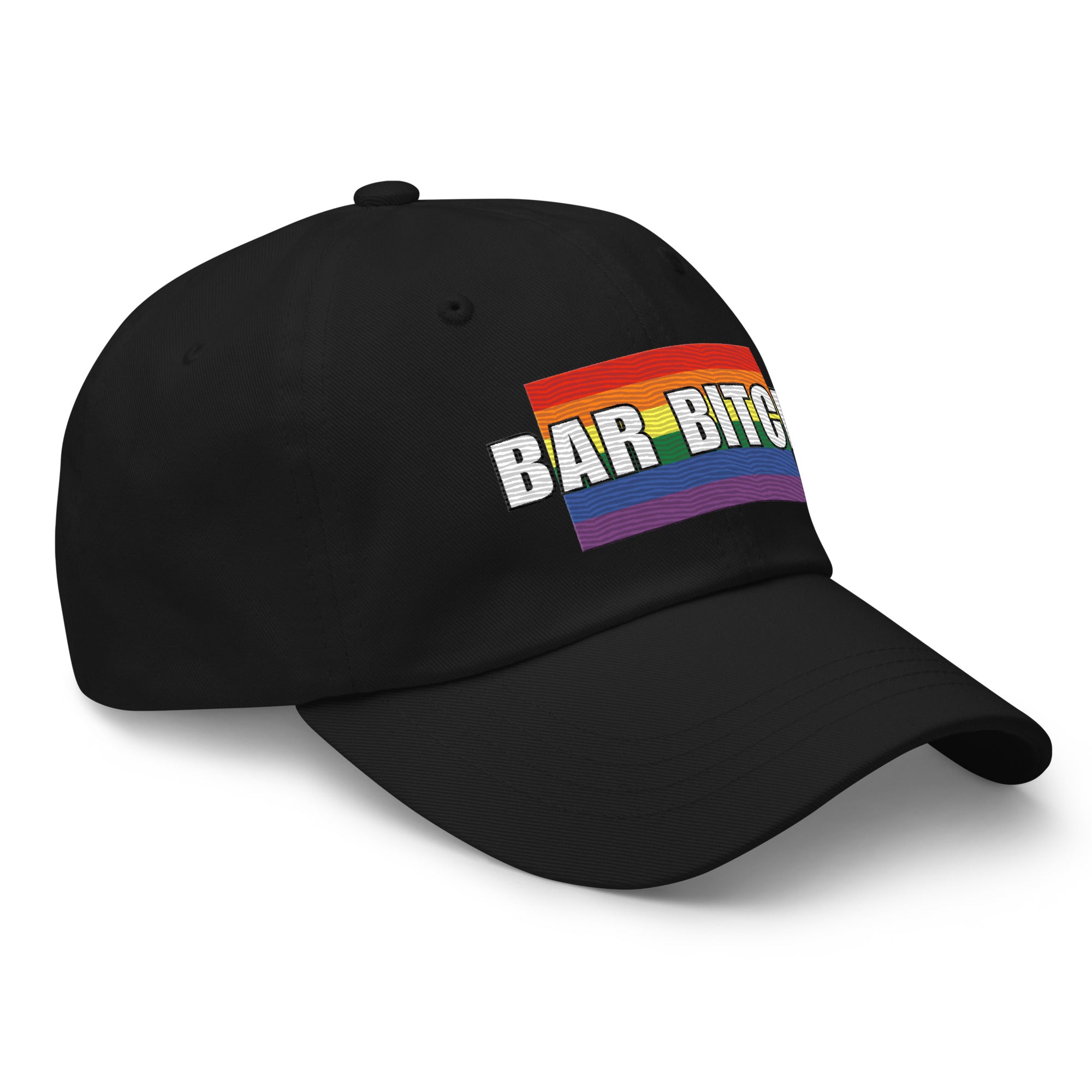 LGBTQ bartender dad hat bar bitch rainbow heart embroidered pride cap side view