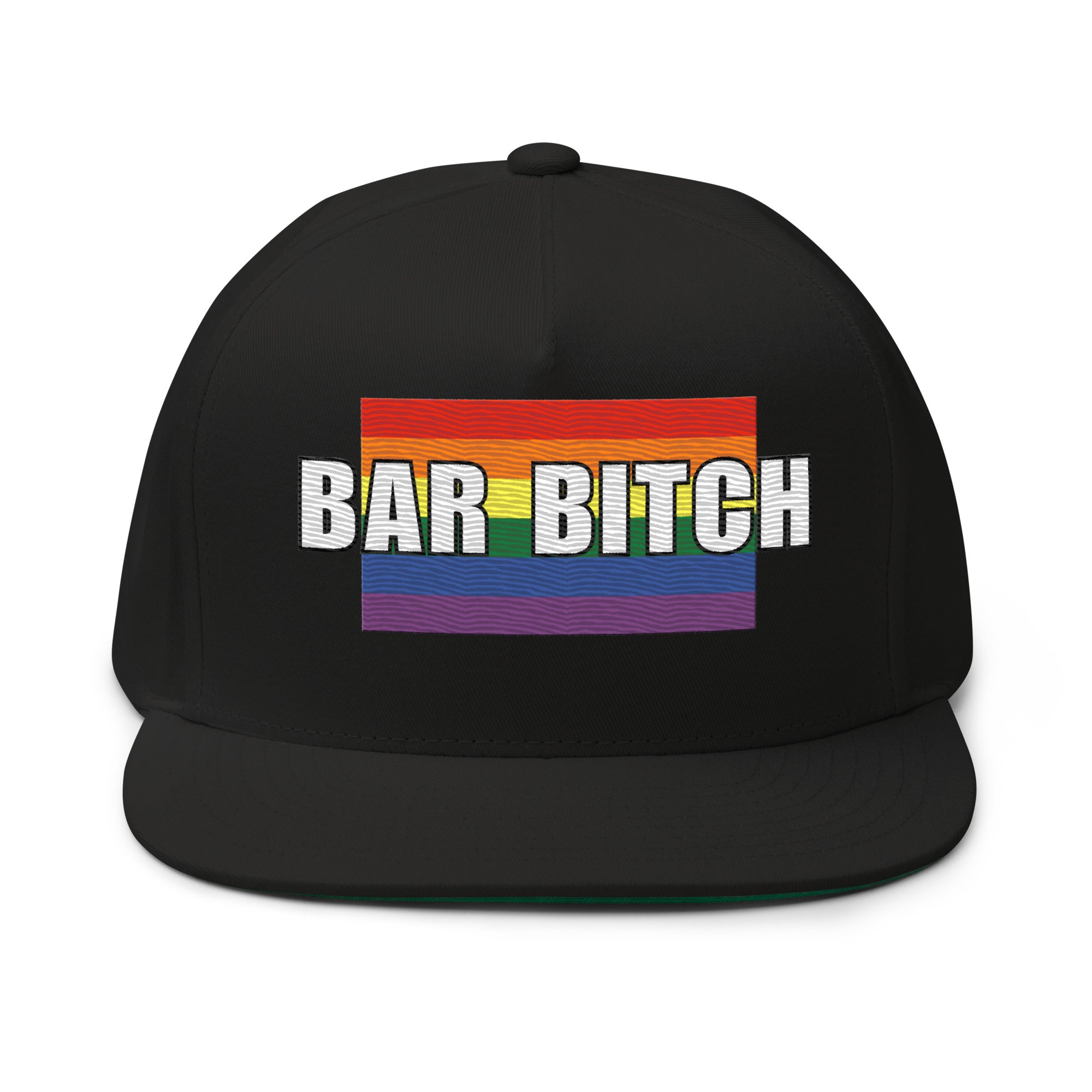 LGBTQ bartender dad hat bar bitch pride flag embroidered pride snapback cap front view