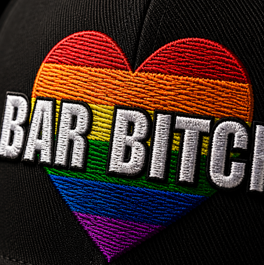 LGBTQ bartender dad hat bar bitch rainbow heart embroidered pride cap closeup