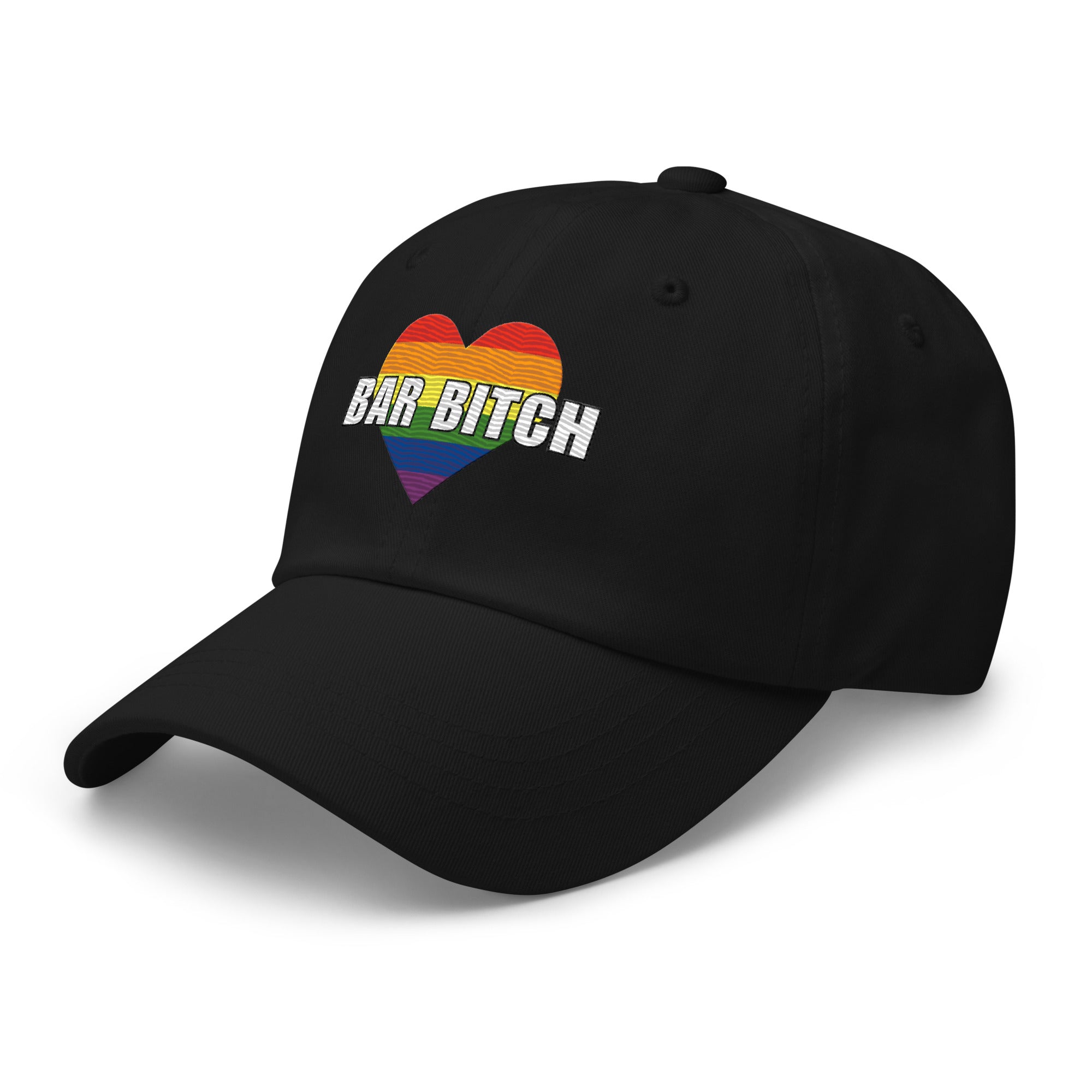 LGBTQ bartender dad hat bar bitch rainbow heart embroidered pride cap product mockup left