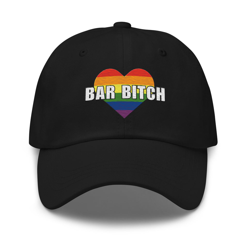 LGBTQ bartender dad hat bar bitch rainbow heart embroidered pride cap Product mockup front