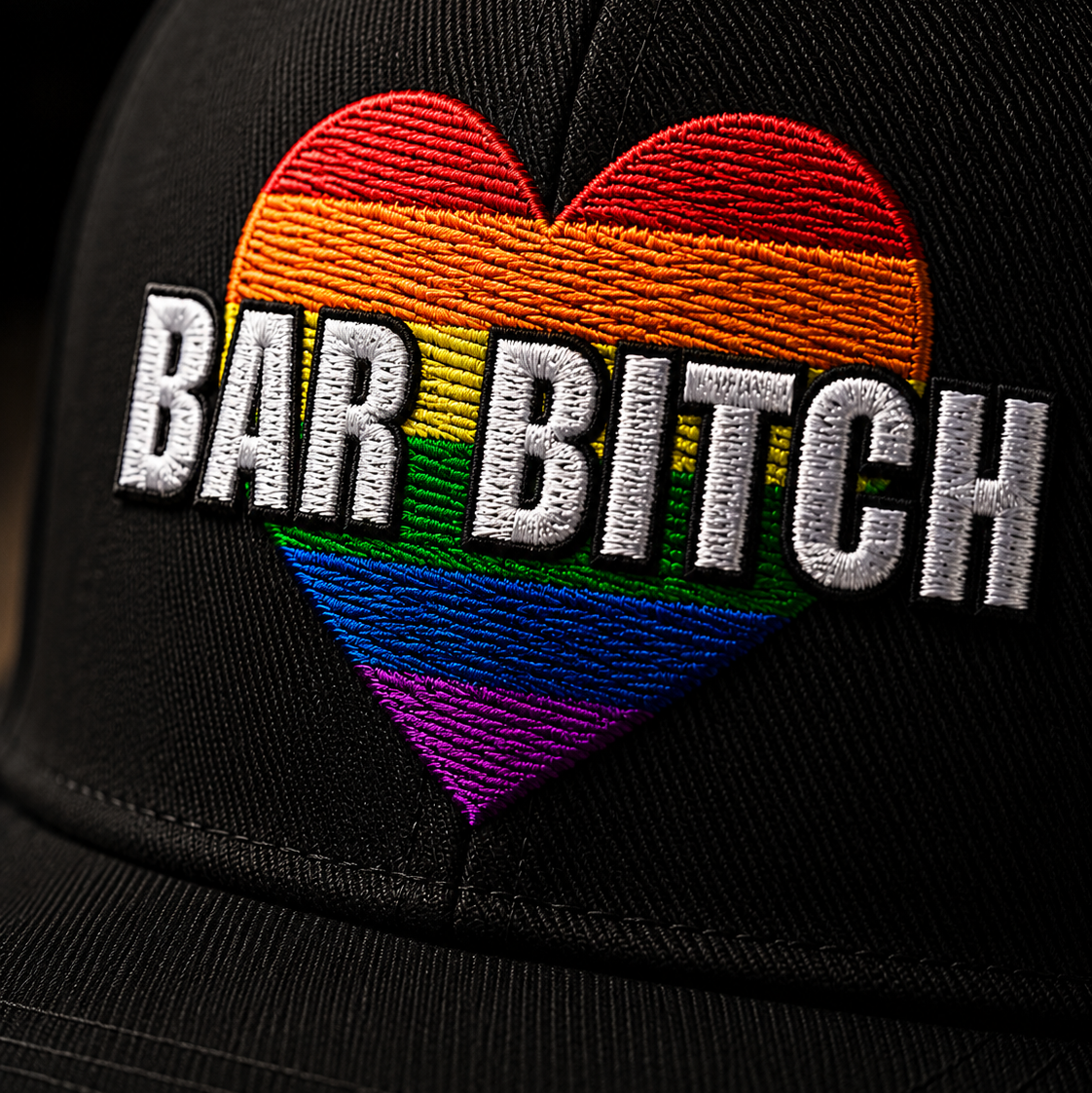LGBTQ  snapback  bar bitch rainbow heart embroidered pride cap close up view