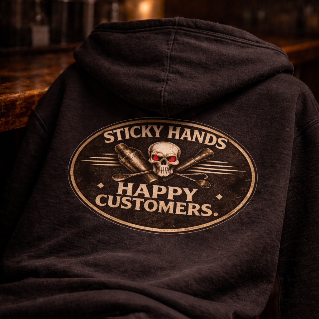 Sticky hands happy customers bartender skull graphic hoodie