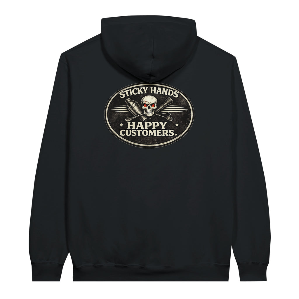 Sticky hands happy customers bartender skull graphic hoodie