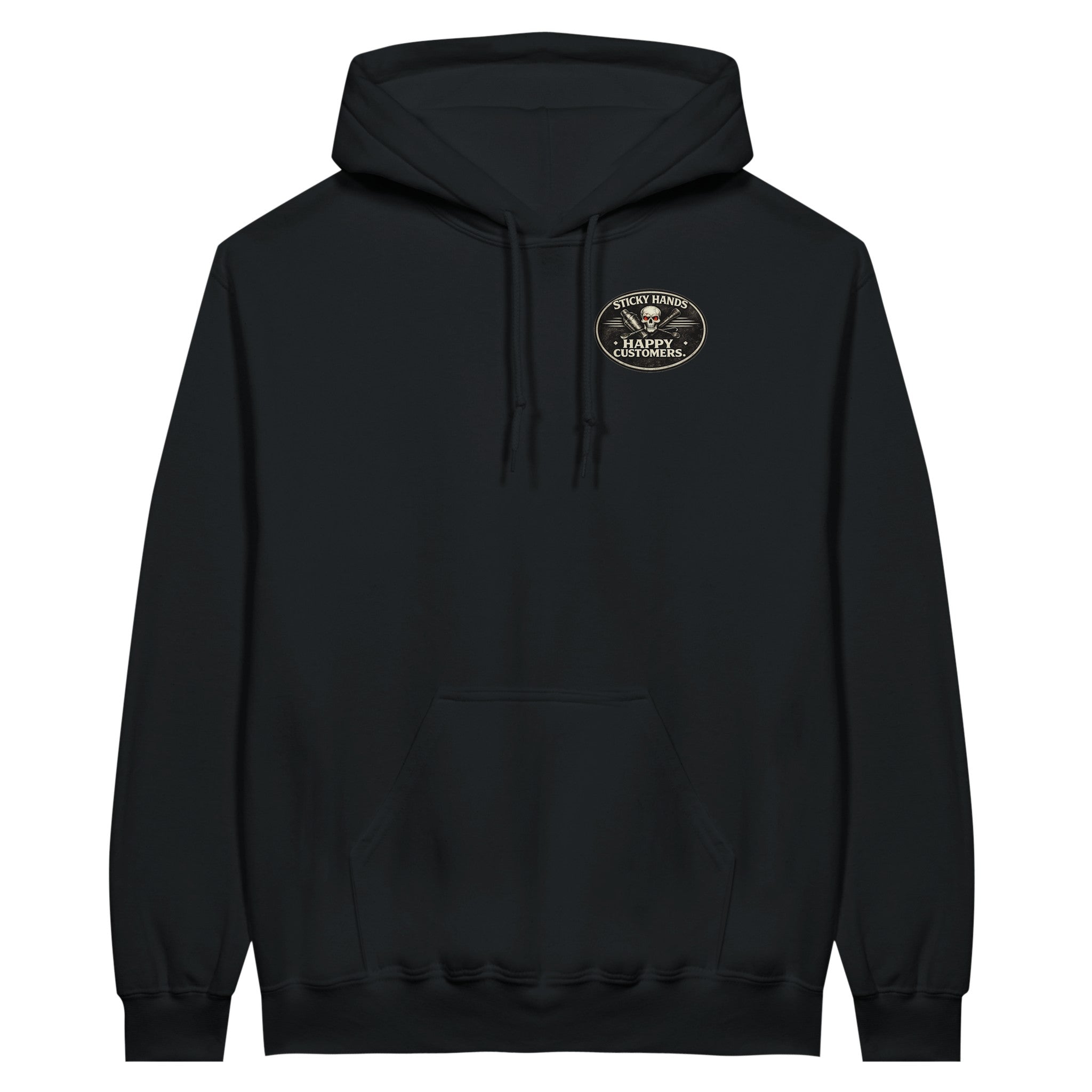 Sticky hands happy customers bartender skull graphic hoodie