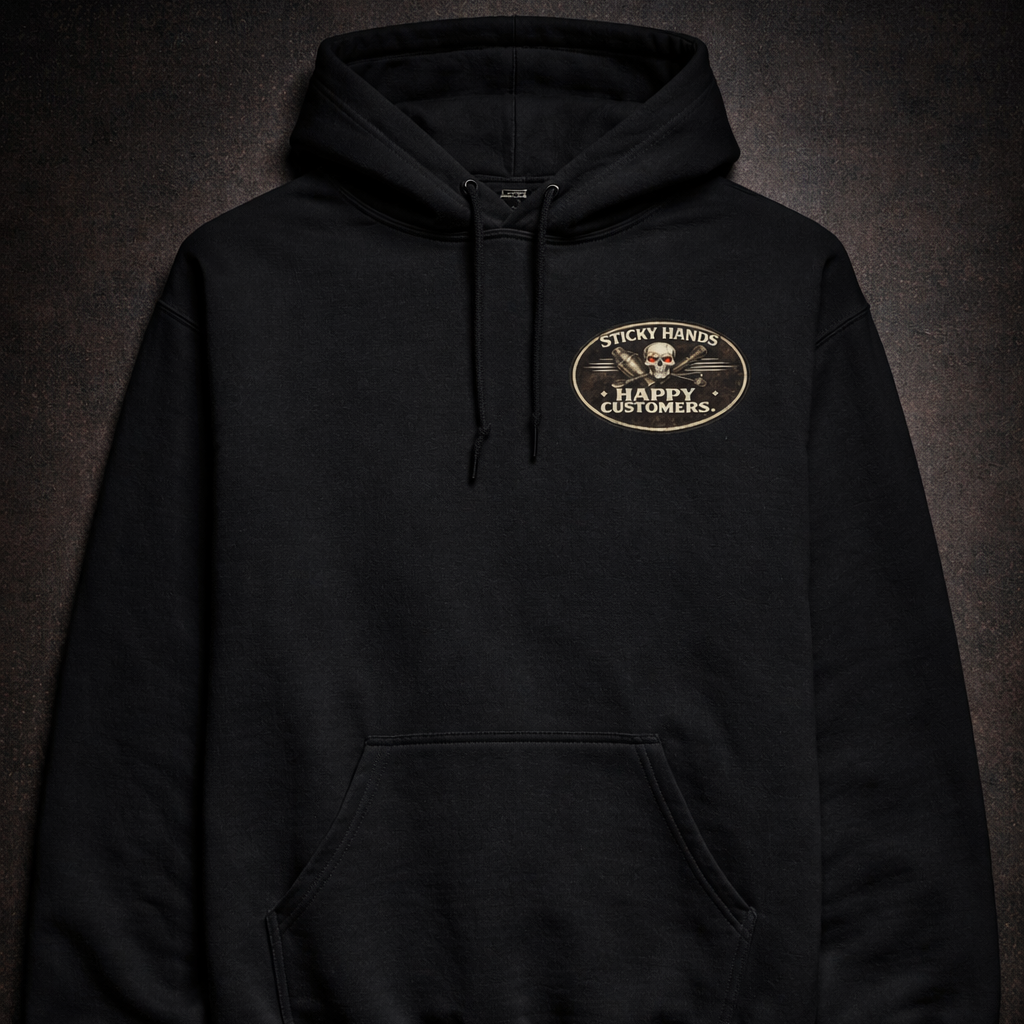Sticky hands happy customers bartender skull graphic hoodie