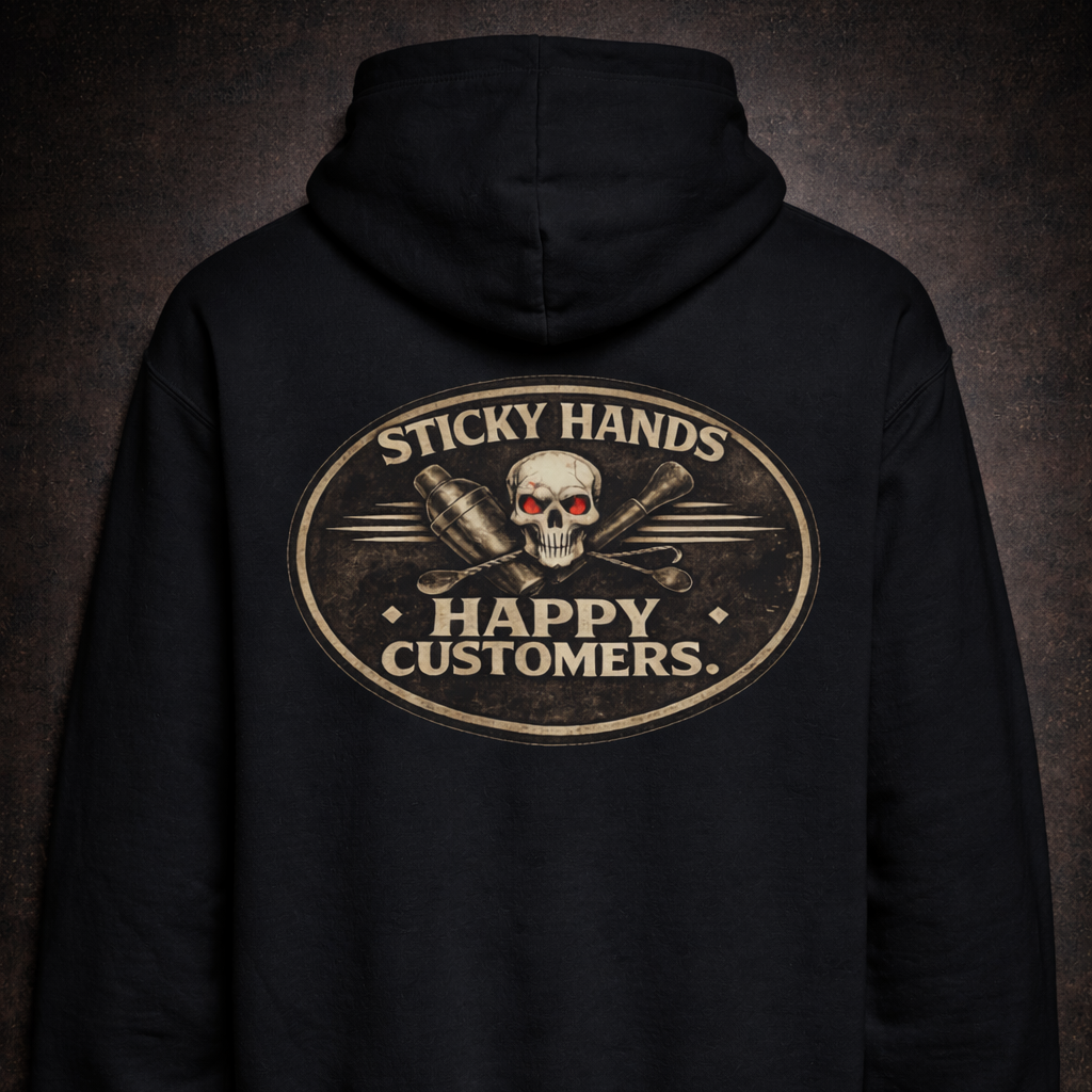 Sticky hands happy customers bartender skull graphic hoodie