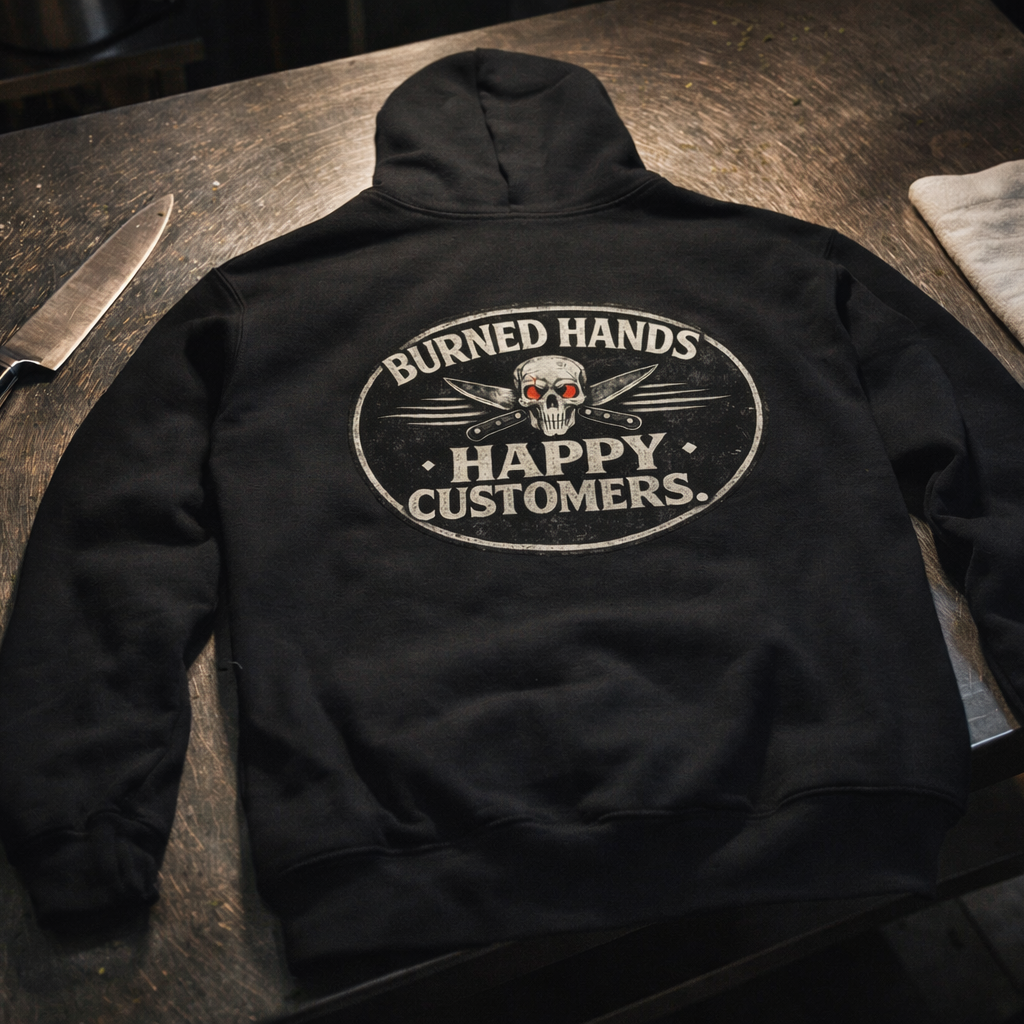 Burned hands happy customers chef line cook hoodie kitchen graphic sweatshirt