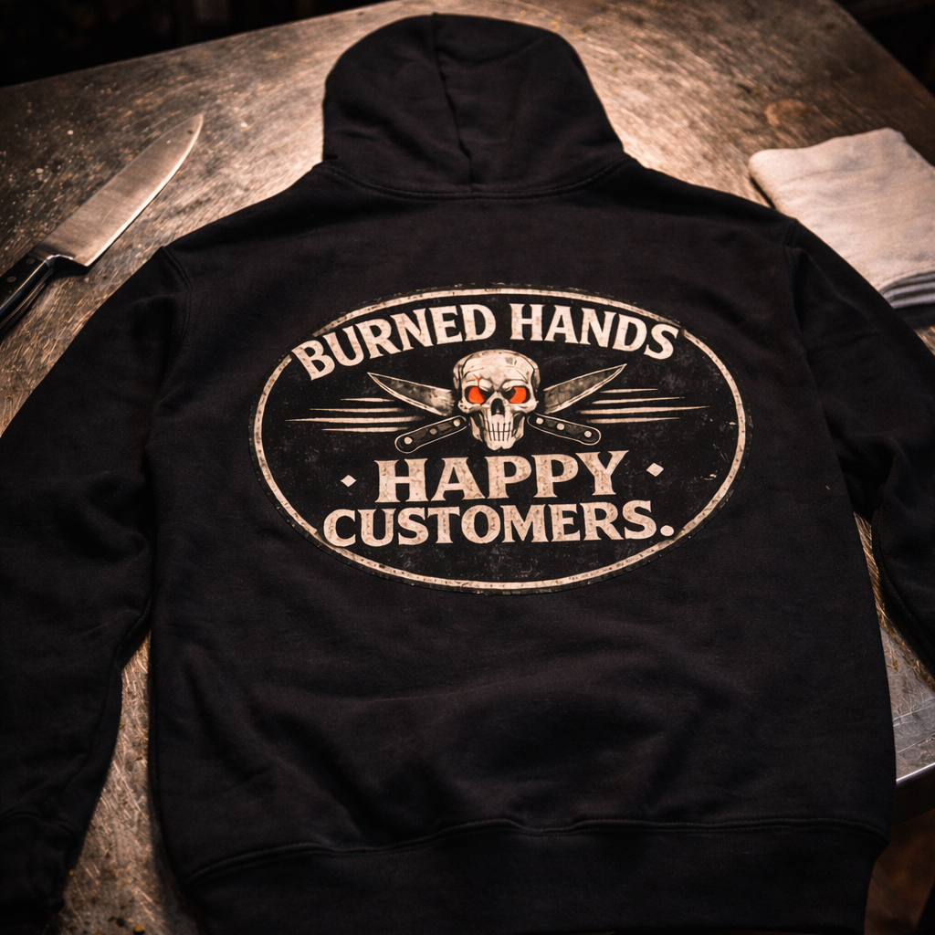 Burned hands happy customers chef line cook hoodie kitchen graphic sweatshirt