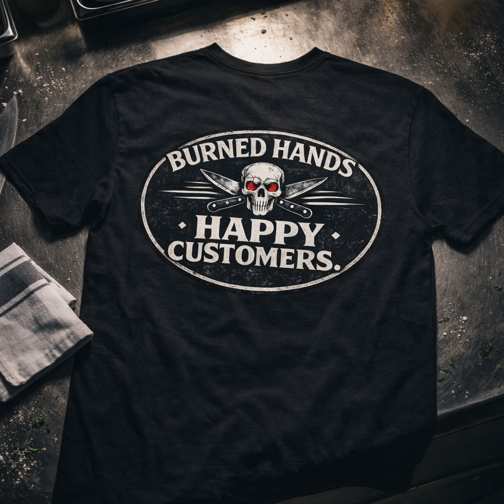 Burned hands happy customers chef line cook shirt kitchen humor tee