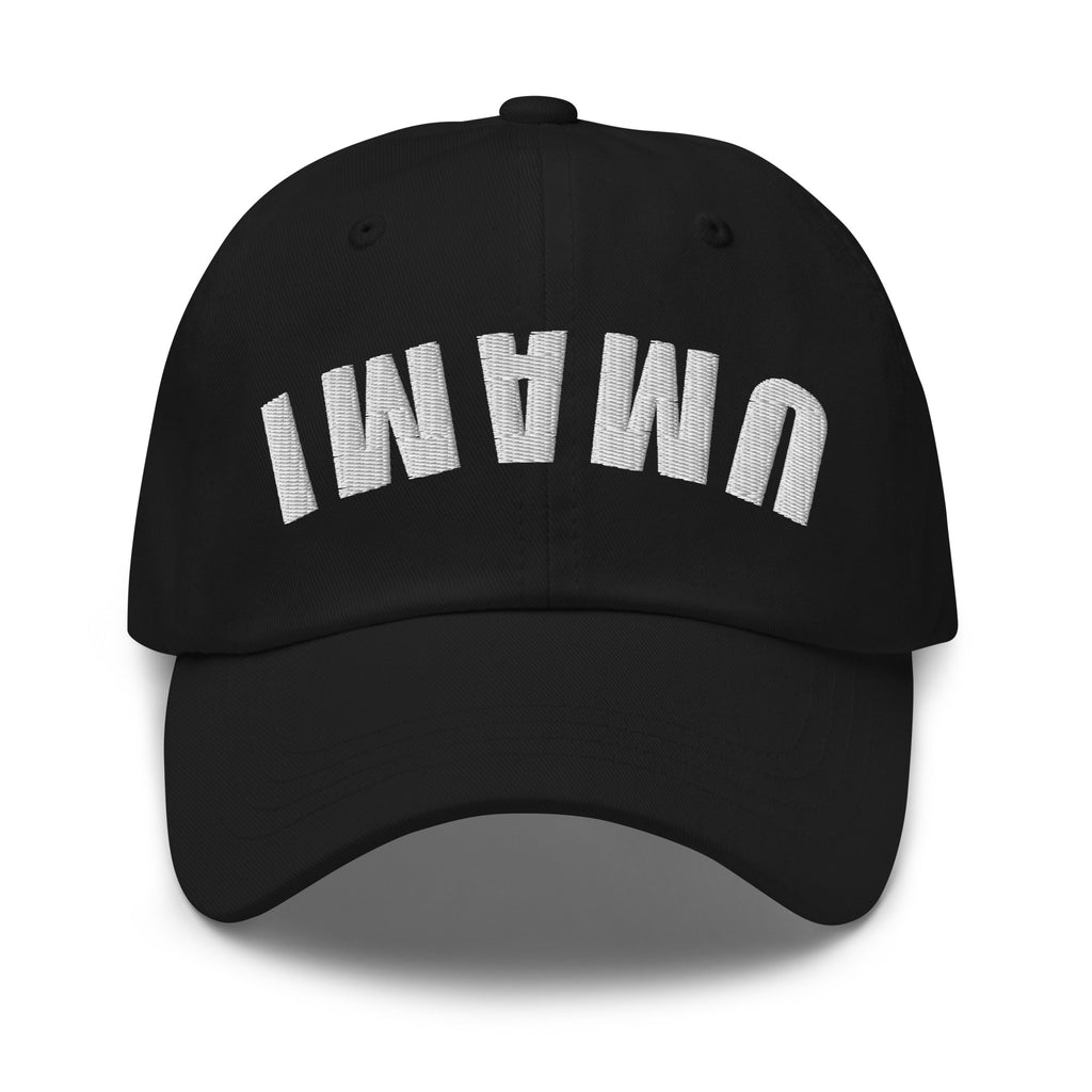 Front view of embroidered chef dad hat with upside down Umami design