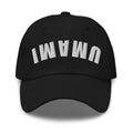 Front view of embroidered chef dad hat with upside down Umami design