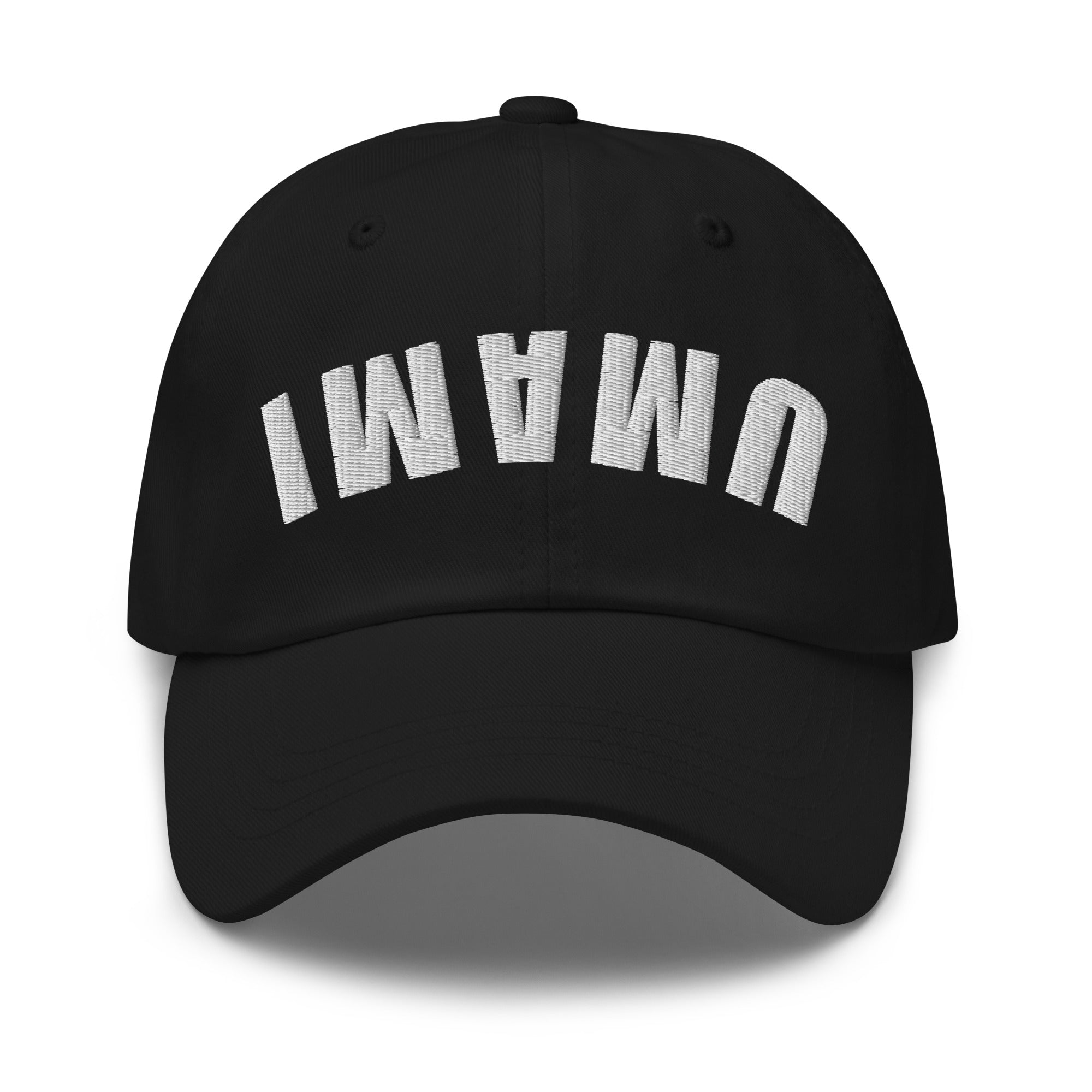 Front view of embroidered chef dad hat with upside down Umami design